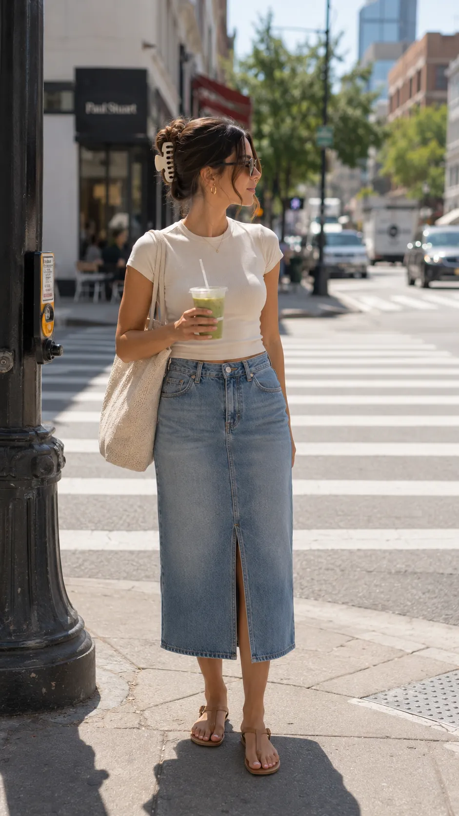 denim skirt baby tee outfit