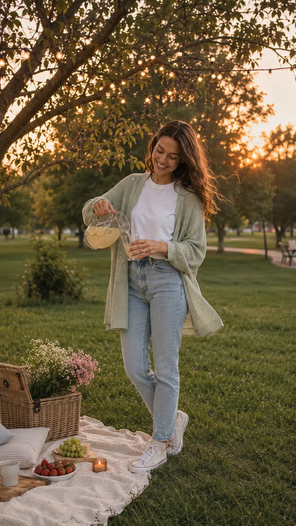 cardigan jeans evening picnic outfit