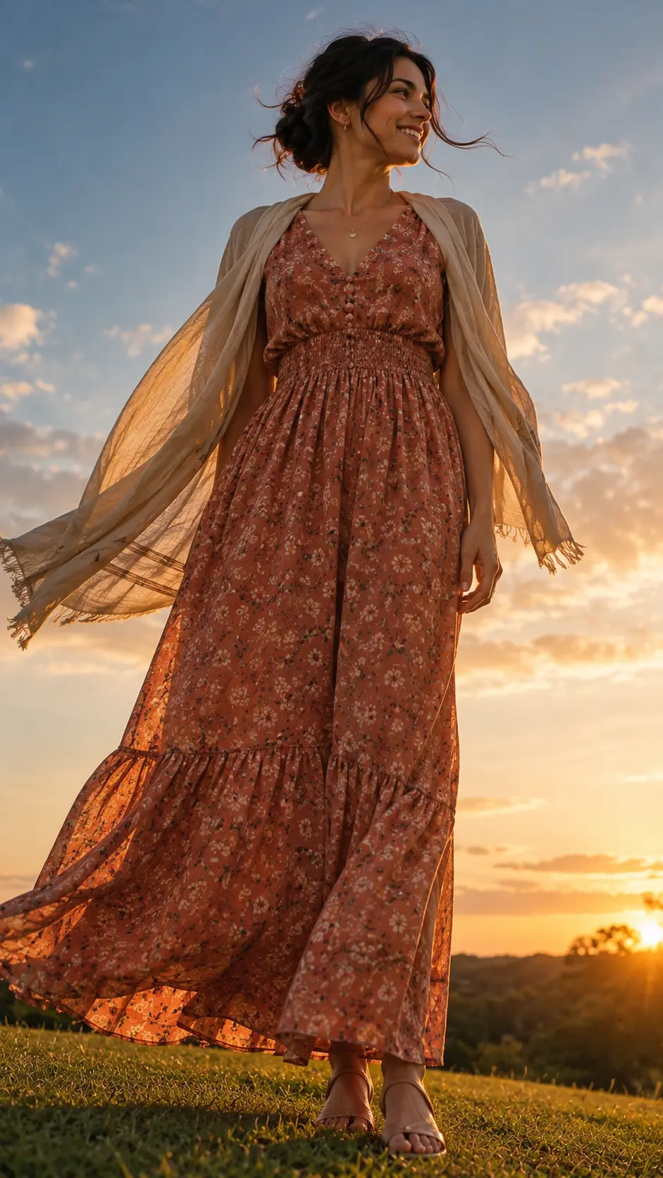 floral maxi golden hour picnic