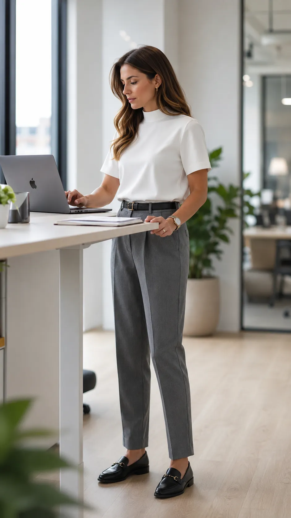 tucked tee business casual outfit